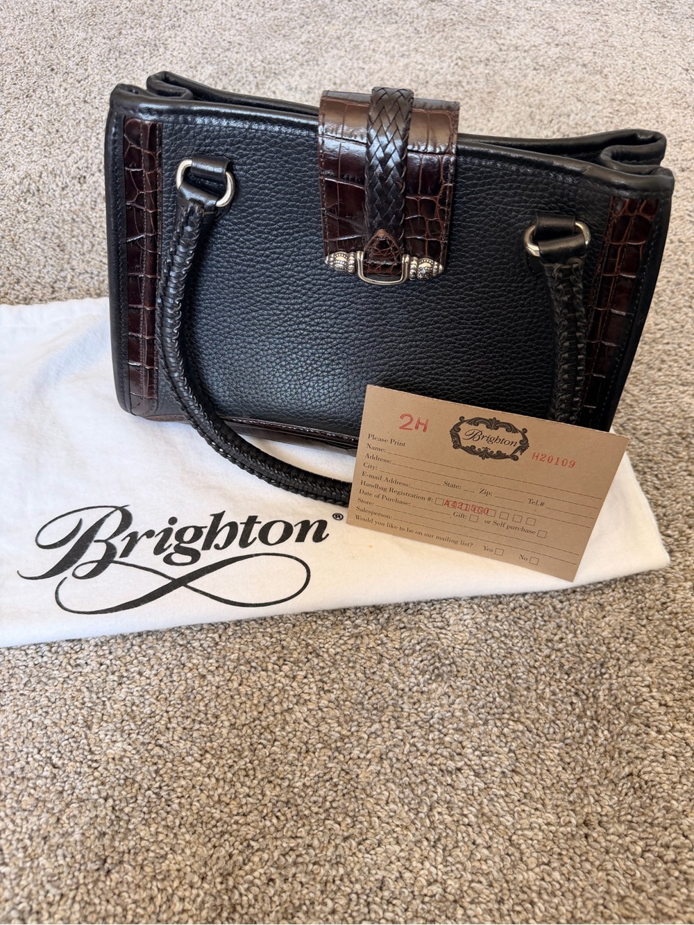 Brighton Black Leather Satchel with Brown Croc-Trim
